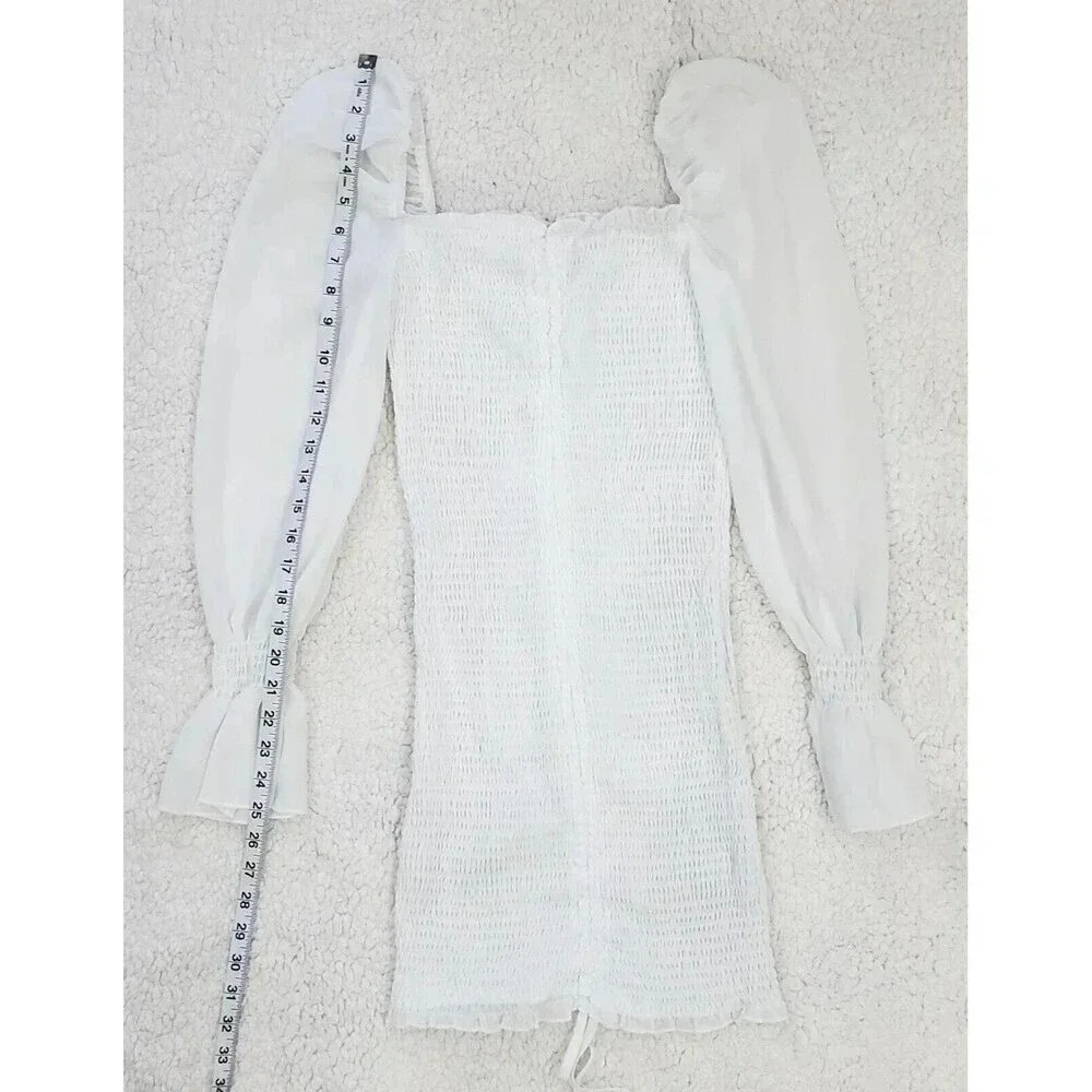 Princess Polly White Smocked Mini Dress Long Sheer Sleeve Ruched Bodycon XS S - Picture 8 of 11